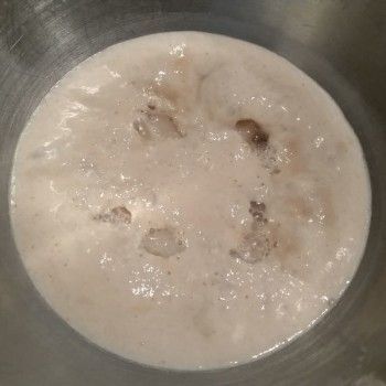 So sieht es dann aus, wenn die Hefe fertig gegessen hat. Das Volumen ist deutlich angestiegen, es bilden sich Bläschen auf der Oberfläche und die Hefe hat jetzt ihren typischen Geruch entwickelt.