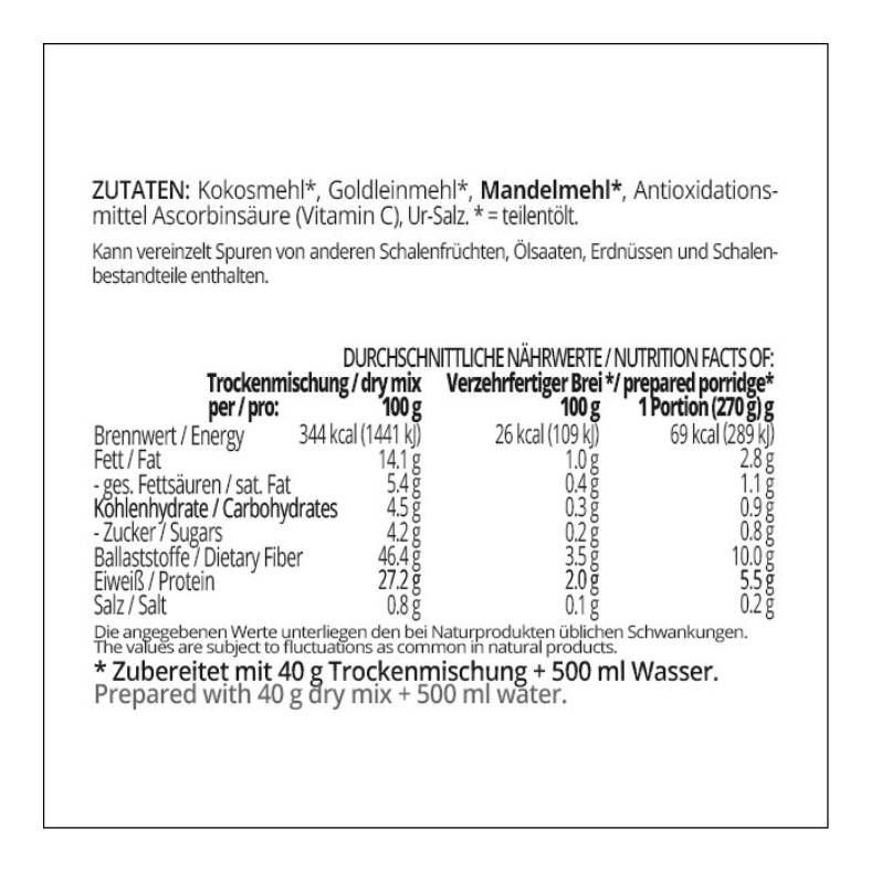 Frühstücksbrei low carb glutenfrei vegan PUR 400 g