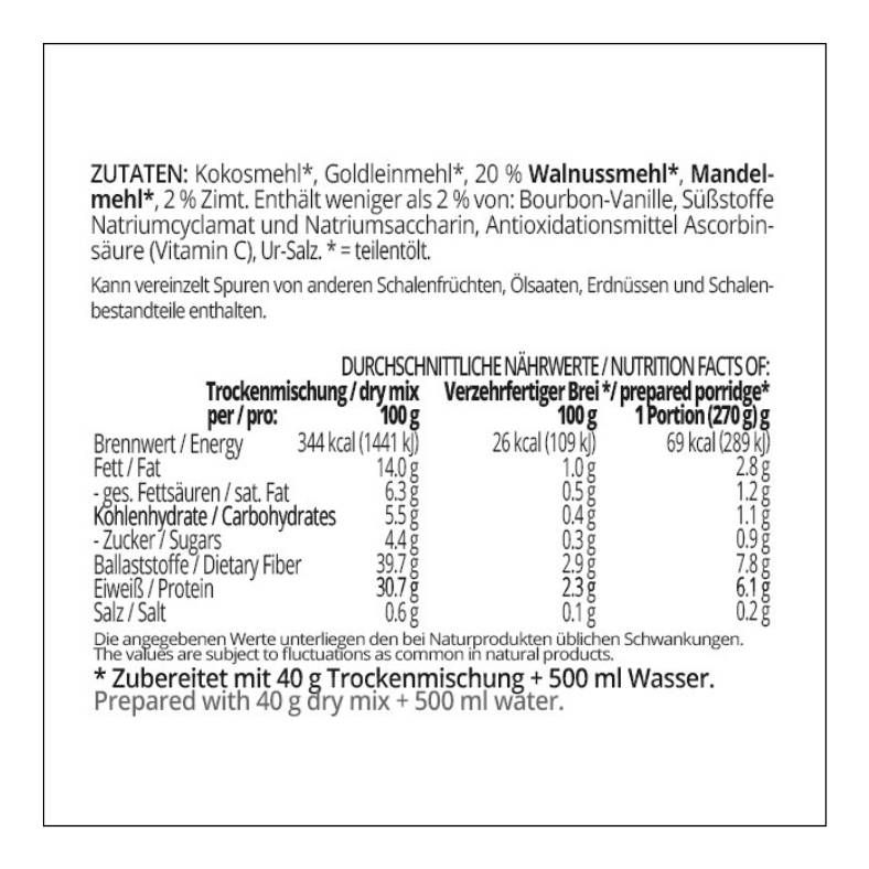 Frühstücksbrei low carb glutenfrei vegan WALNUSS-ZIMT 400 g