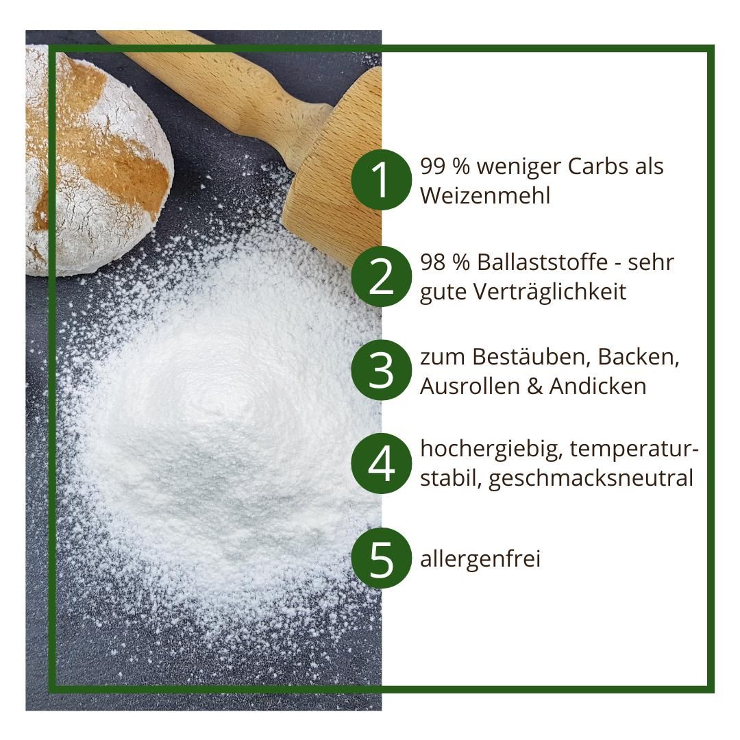 Bambusfaser Ballaststoffmehl low carb glutenfrei – Kartoffelfaser-Ersatz mit 0 % Kohlenhydraten – Zum Backen, Bemehlen & Ausrollen
