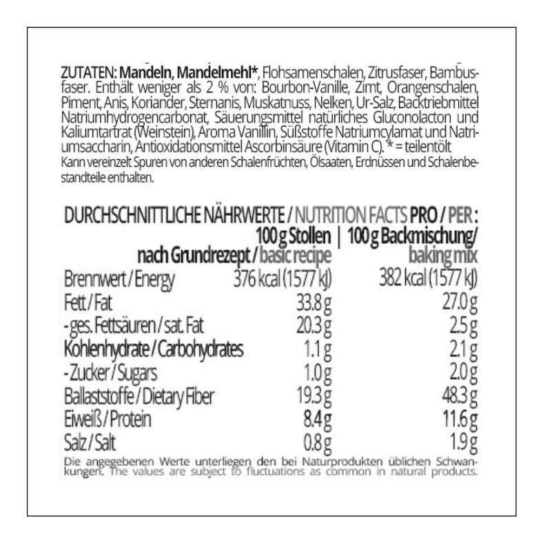 STOLLENZAUBER Backmischung für low carb & glutenfreie Christstollen Weihnachtsstollen sojafrei keto OHNE Zuckerzusatz