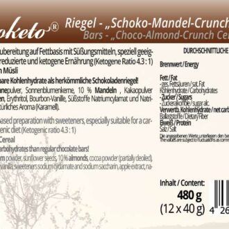 Low Carb Schokolade Schokoladenriegel Müsliriegel zuckerfrei keto maltitfrei xylitfrei Diabetikergeeignet