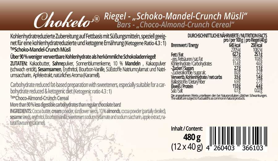 Low Carb Schokolade Schokoladenriegel Müsliriegel zuckerfrei keto maltitfrei xylitfrei Diabetikergeeignet