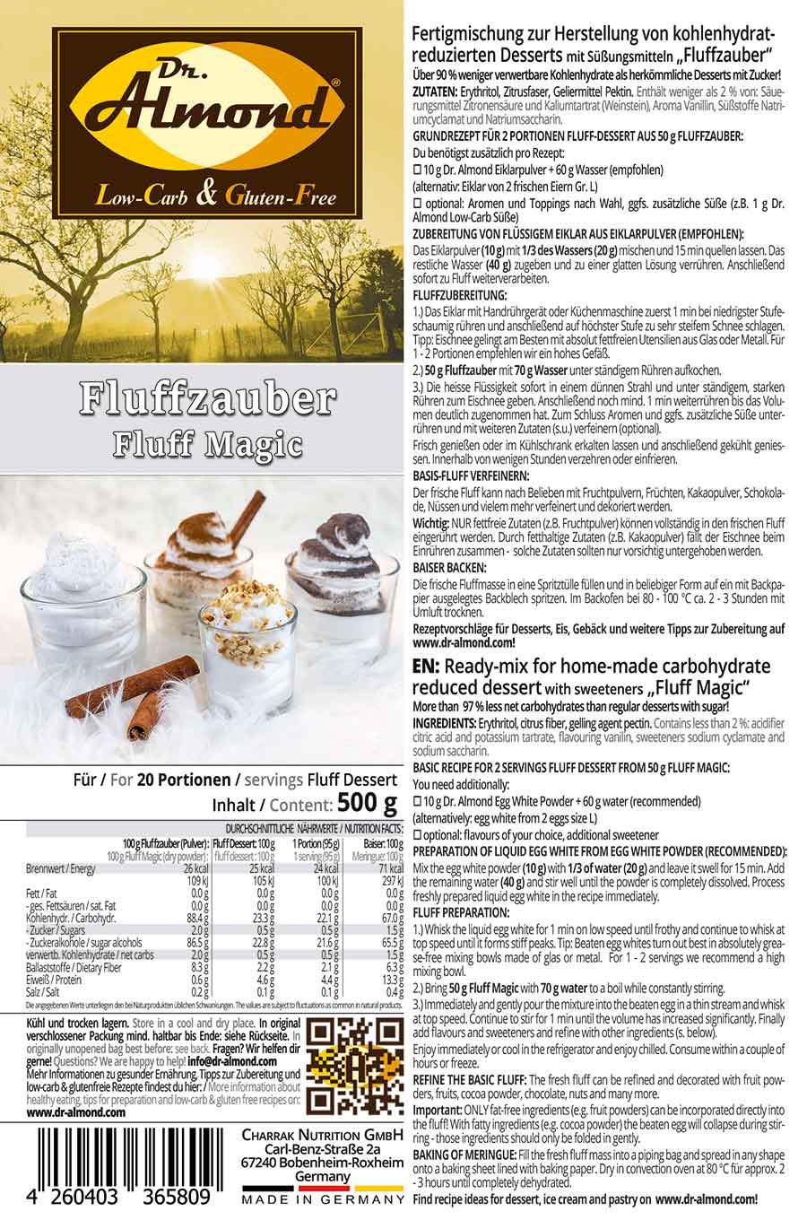 FLUFFZAUBER Fertigmischung für kalorienarmen Eiweiss-Fluff & low carb Baiser – keto, ohne Zuckerzusatz, IMO-frei