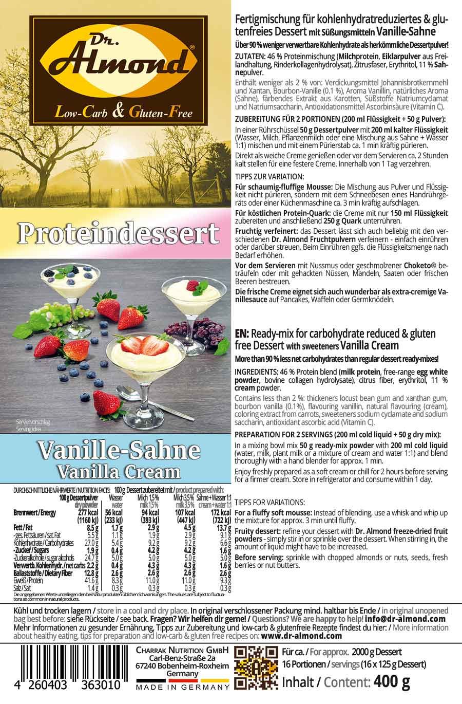 Proteindessert VANILLE-SAHNE Dessertcreme low carb glutenfrei ohne Zuckerzusatz