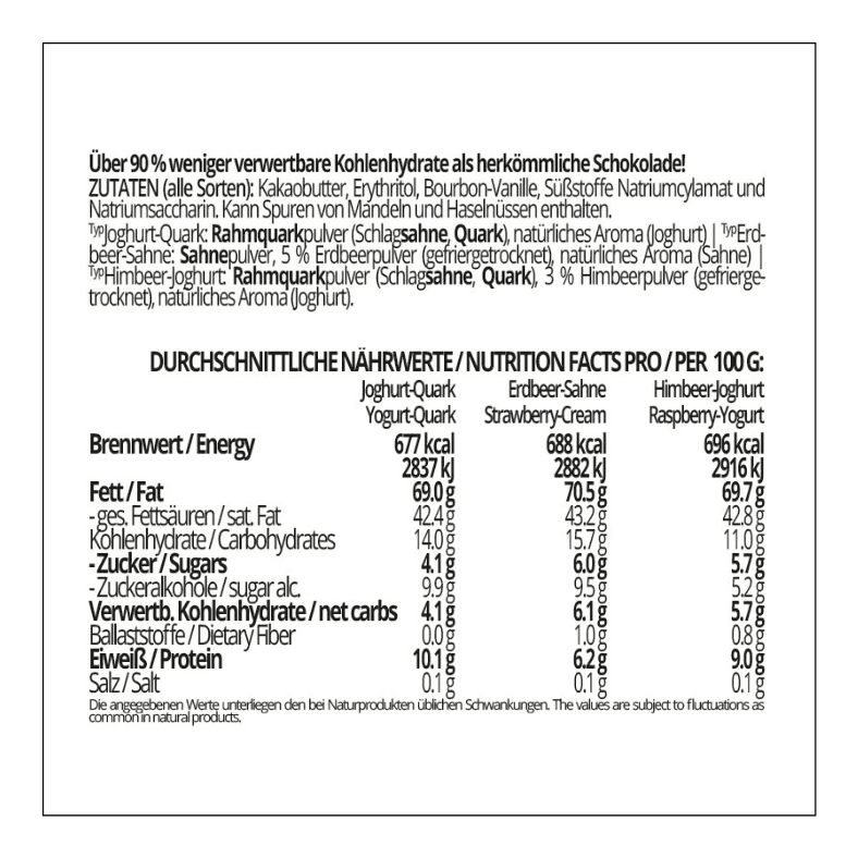 CHOKETO Low Carb & Keto Schokolade MIX-Paket FRUCHTIG & FRISCH – Joghurt-Quark + Erdbeer-Sahne + Himbeer-Joghurt – 3 Tafeln – handgemacht