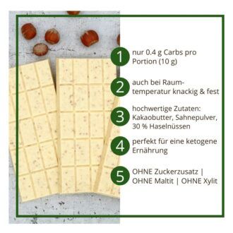 CHOKETO Low Carb & Keto Schokolade WEISSE SAHNE & HASELNUSS – 3 Tafeln – handgemacht – ohne Zuckerzusatz