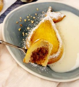 Rezept Gefüllte Birne im Mandelkleid mit Vanillesauce lowcarb glutenfrei