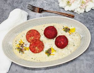 Rezept Rote Beete Backrohrknödel mit Gorgonzola Sauce lowcarb keto glutenfrei