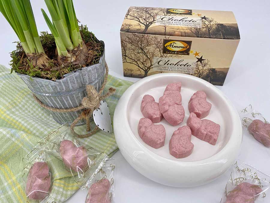 CHOKETO Frühlingsfreunde HIMBEER-JOGHURT – Low Carb & Keto Schokoladenfiguren – handgemacht