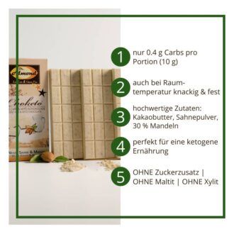 CHOKETO Low Carb & Keto Schokolade WEISSE SAHNE & MANDEL – 3 Tafeln – handgemacht – ohne Zuckerzusatz