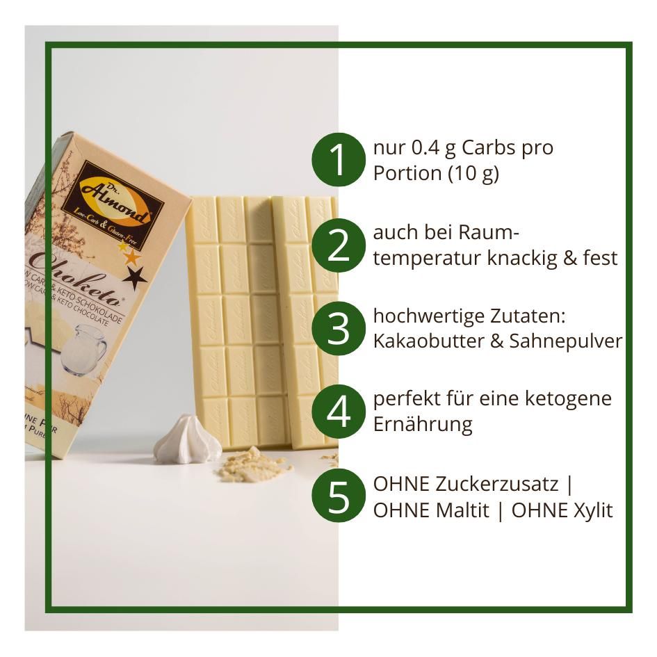 CHOKETO Low Carb & Keto Schokolade WEISSE SAHNE PUR – 3 Tafeln – handgemacht – ohne Zuckerzusatz