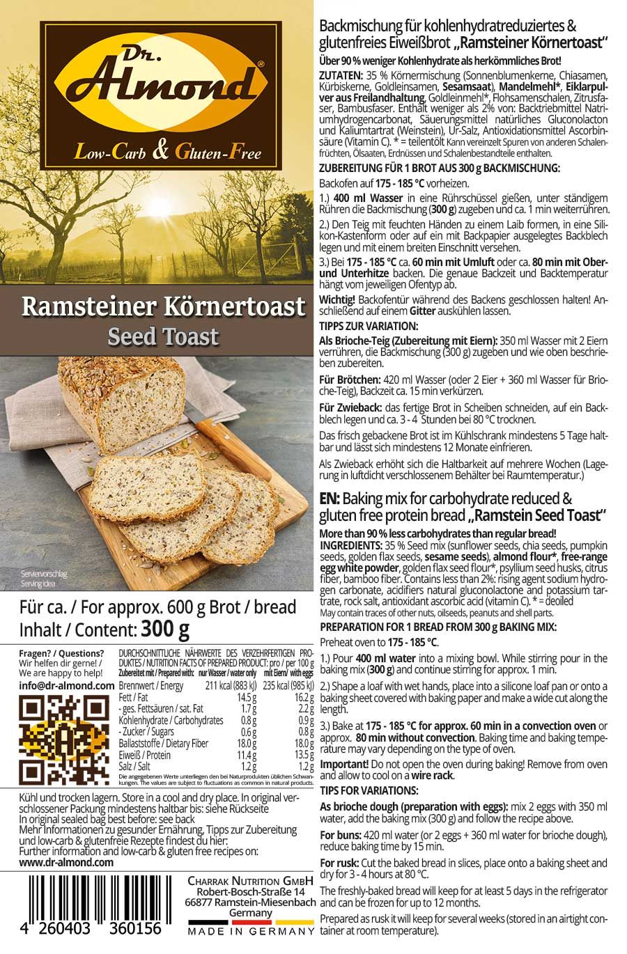 Ramsteiner Körnertoast low-carb keto glutenfrei paleo Eiweißbrot Backmischung