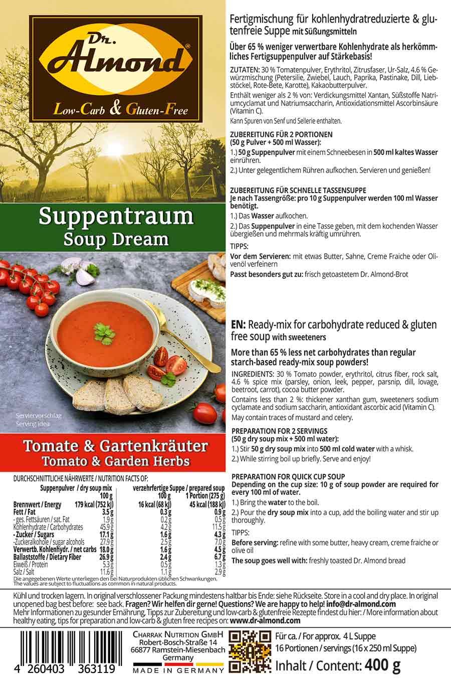 Suppentraum Tomate & Gartenkräuter Tütensuppe low-carb glutenfrei keto vegan