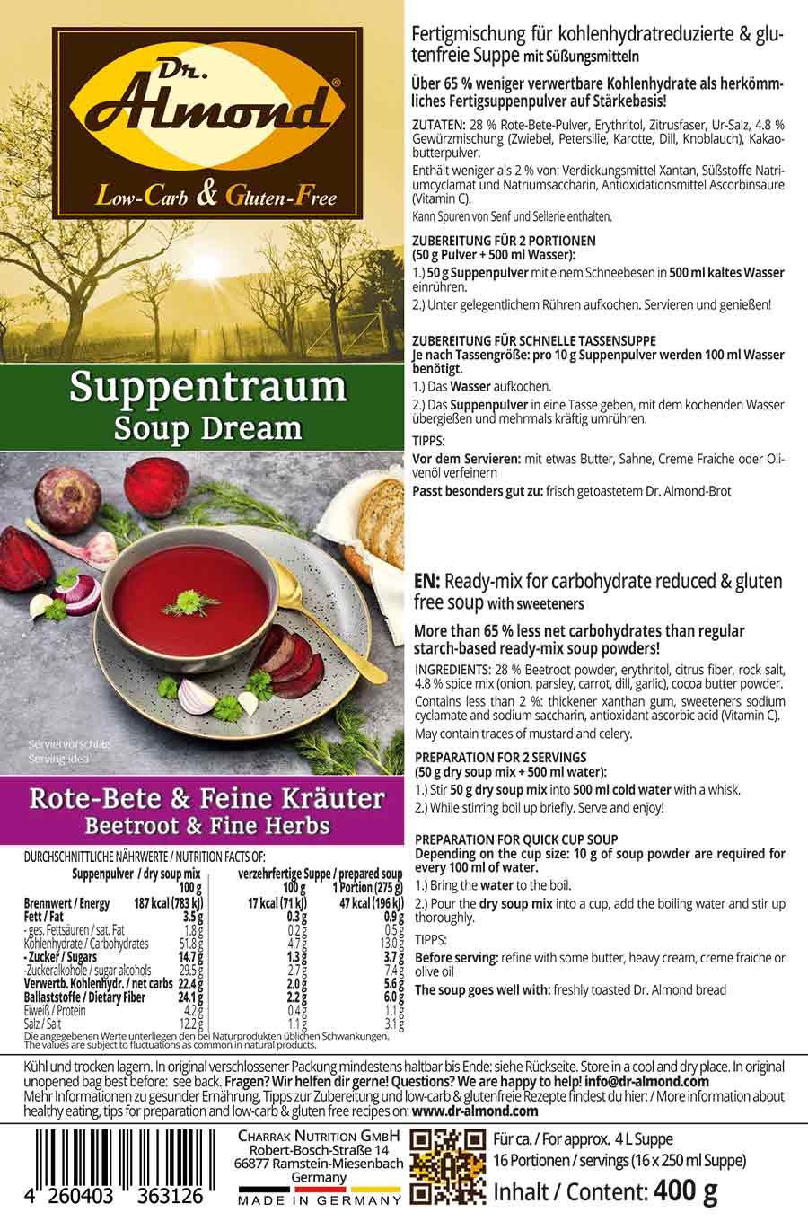 Suppentraum Rote-Bete & Feine Kräuter Tütensuppe low-carb glutenfrei keto vegan