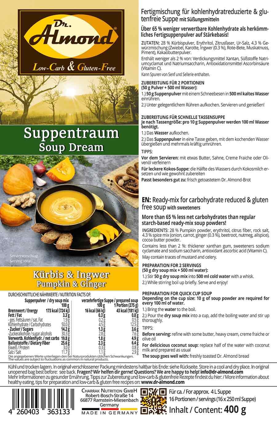 Suppentraum Kürbis & Ingwer Tütensuppe low-carb glutenfrei keto vegan