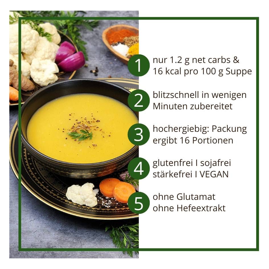 Suppentraum Blumenkohl & Curry Tütensuppe low-carb glutenfrei keto vegan