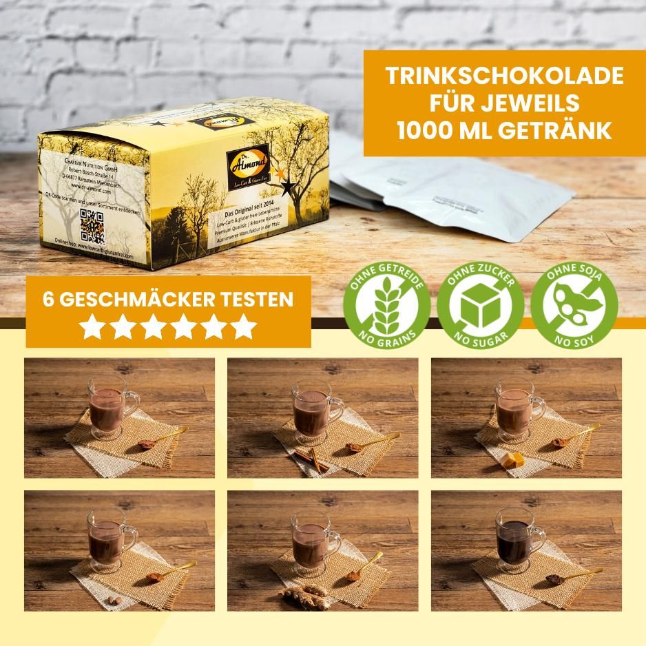 LOW CARB PROBIERBOX 5: Trinkschokolade | mit 6 Probepäckchen zum Testen | low-carb glutenfrei keto