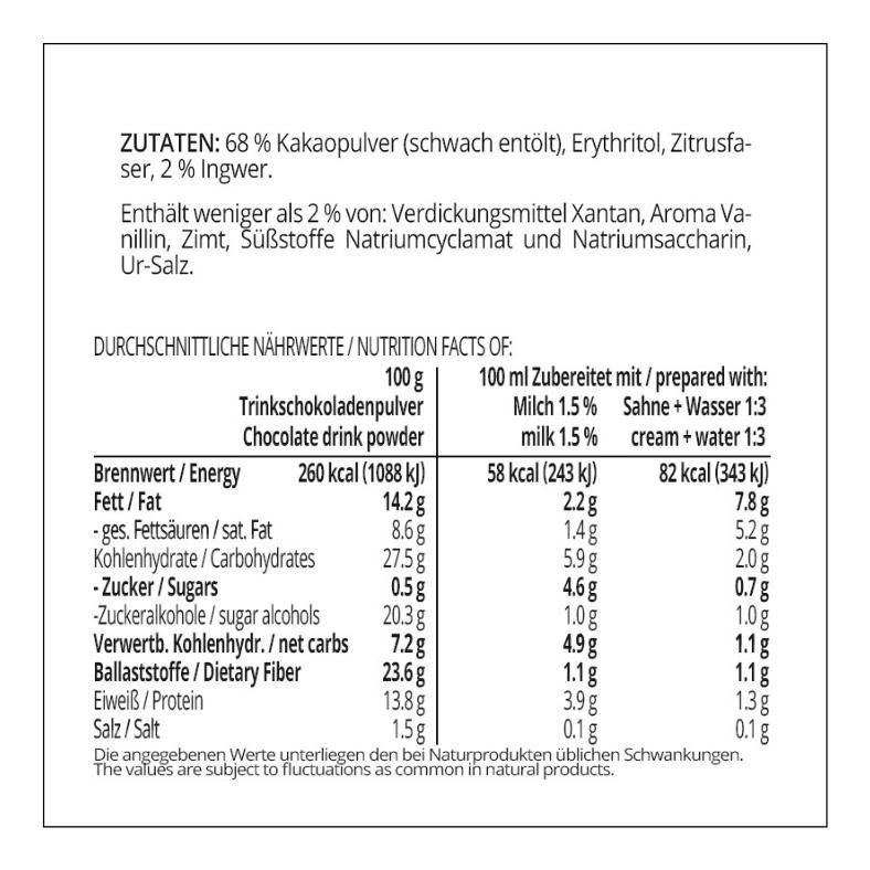 Trinkschokolade INGWER - Trinkkakao Kakaopulver low-carb keto glutenfrei sojafrei